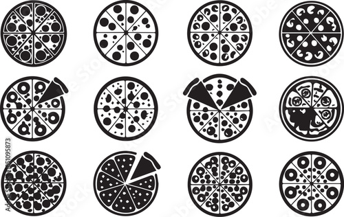 Collection of various pizza and cookie icons in a simple line art silhouette style Illustrator Artwork