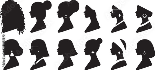 Set of silhouette African girl. Collection of black woman face with hairstyle Illustrator Artwork