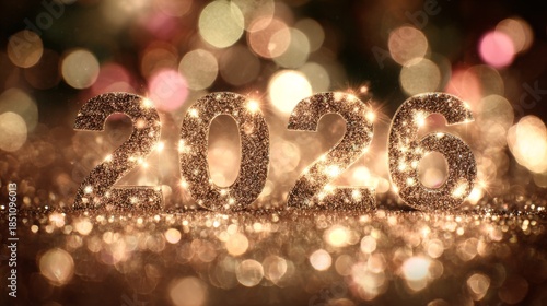 Glittering 2026 Numbers on Bokeh Lights  New Year Celebration.