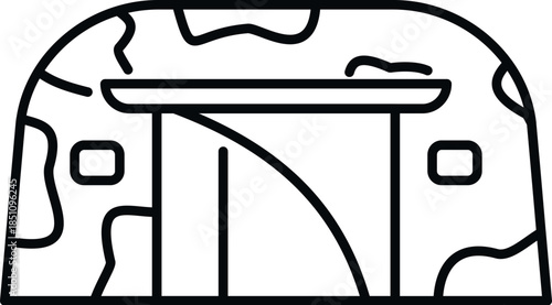 Military tent with camouflage pattern, providing emergency housing or temporary camp