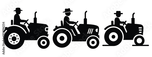 farmer driving tractor silhouette icon set. agriculture, plant-based lifestyle symbols