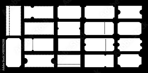 Admit one tickets flat mockups. Ticket simple pattern for cinema, circus, theater, festival, casino, club. Empty templates. Boarding minimalist blanks, lottery, sale coupons. Blanks backgrounds layout