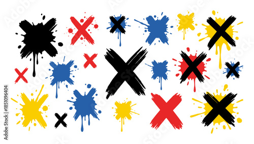 Paint splatter X marks grunge abstract set