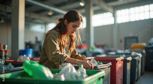 Woman in a factory sorting plastic bottles and containers