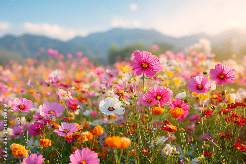 Obraz premium field of vibrant cosmos flowers in bloom with distant mountains bathed in warm sunlight