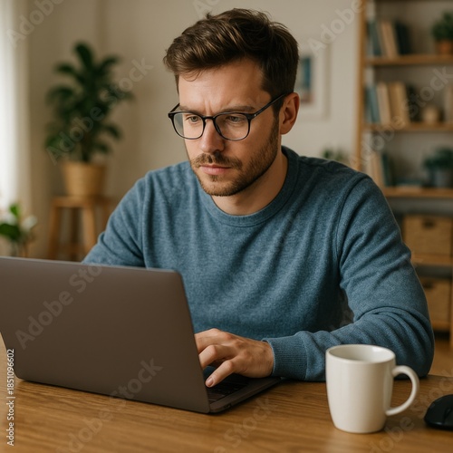 Man wearing glasses working on laptop at home desk