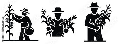 farmer harvesting corn silhouette icon set. agriculture, plant-based lifestyle symbols