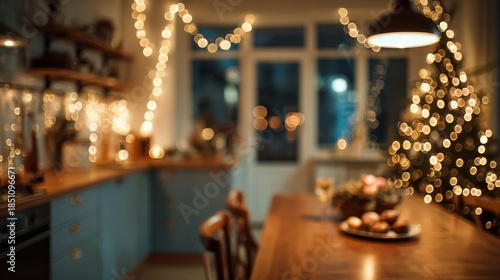 Cozy Christmas Kitchen Twinkling Lights with Festive Tree, and Warm Holiday Glow.