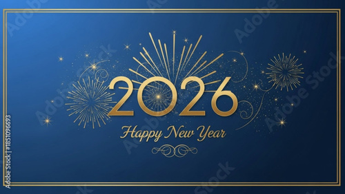 Happy New Year 2026 Celebrations with Golden Fireworks and Sparklers on Dark Blue Background