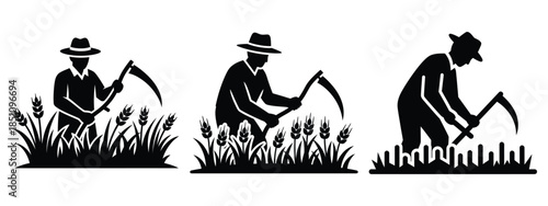 farmer harvesting crops silhouette icon set. agriculture, plant-based lifestyle symbols