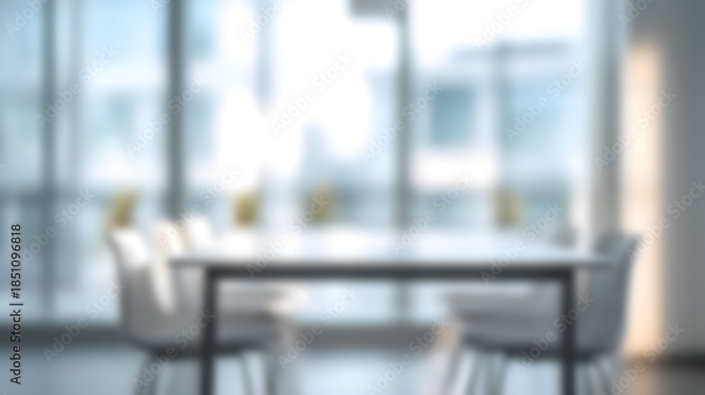 Fototapeta premium Blurred image of a modern dining area with a table and chairs