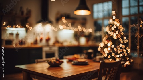 Cozy Christmas Kitchen Table Setting with Twinkling Lights.