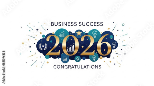 Business Success Congratulations 2026 New Year Celebration with Gold Numbers and Blue Icons