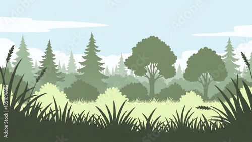 Serene Forest Landscape with Lush Greenery and Trees Under Clear Blue Sky with White Clouds