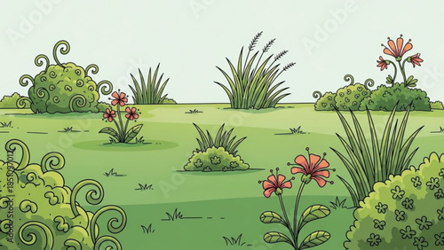 Vibrant Cartoon Garden Scene with Lush Greenery and Colorful Flowers in Bloom