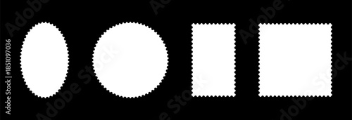 Postage stamp template flat frames. Empty border, backdrop for postcard, letter. Blank circle, rectangular vintage stamps set. Tags, labels, coupons, boxes with curvy, wiggly, wavy perforated edges