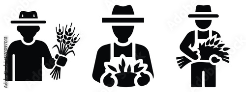 farmer holding crop silhouette icon set. agriculture, plant-based lifestyle symbols