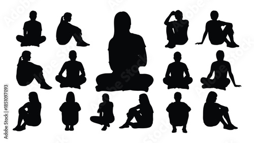 Diverse yoga poses depicted in black showcasing different meditation and asana forms silhouette