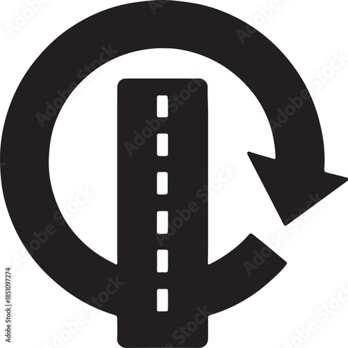 Negative-space runway forming circular airflow silhouette icon representing bold airport aviation design