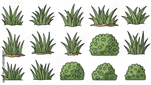 Various Cartoon Grass and Bushes Illustrations for Landscaping and Gardening Designs