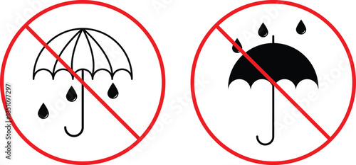 no umbrella icon set. Rain protection prohibition symbols. Umbrella forbidden graphic design. Restricted entry and safety signs.