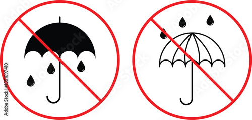 no umbrella icon set. Rain protection prohibition symbols. Umbrella forbidden graphic design. Restricted entry and safety signs.