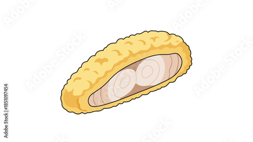 Close up of a traditional fried snack with crispy outer shell and savory filling