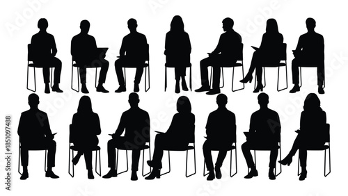 a collection of people seated on chairs in black showcasing a distinct silhouette