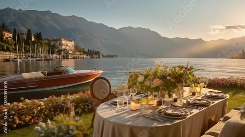 Scenic lakeside dining table setting with boat and mountain view at sunset