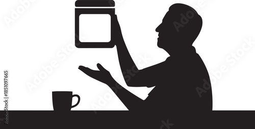 Man looks at nutrition label on protein powder jar with coffee cup on transparent background