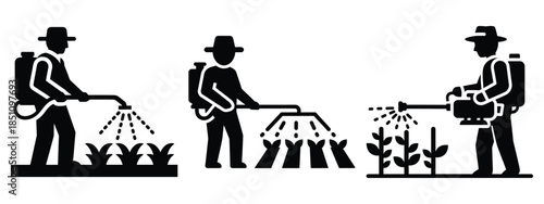 farmer spraying crops silhouette icon set. agriculture, plant-based lifestyle symbols