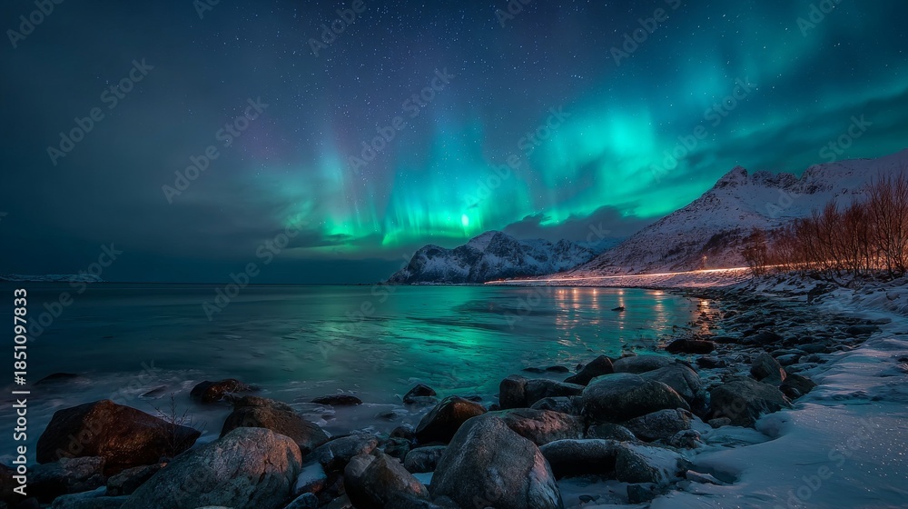 Fototapeta premium Northern Lights dance over icy fjord with Arctic winter wonderland.