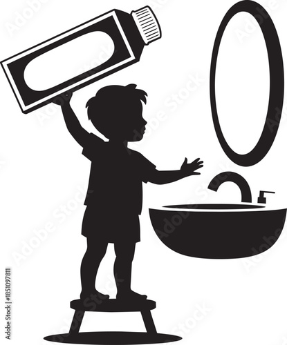 Silhouette of child standing on stool squeezing toothpaste into sink for brushing teeth
