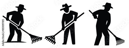 farmer using rake silhouette icon set. agriculture, plant-based lifestyle symbols