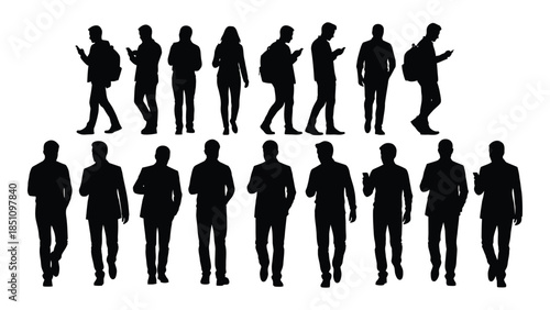 Diverse group of people in various poses and outfits presented as a striking silhouette