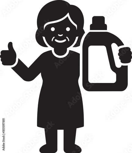 Silhouette woman with bottle of detergent and thumb up in clean room setting