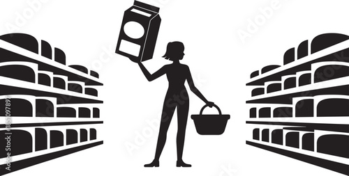 Silhouette woman shopping for milk grocery store aisles basket in hand vector illustration