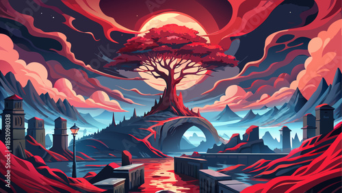 Dreamy landscape with vibrant red tree under full moon