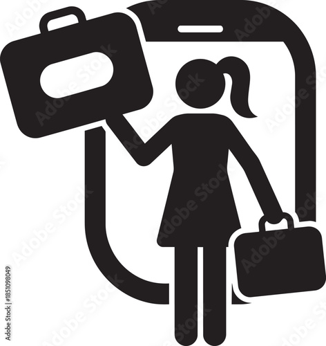 traveler woman icon with luggage inside smartphone screen showing mobile booking