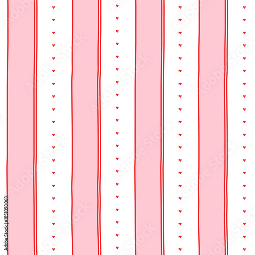 Small hearts and stripes hand drawn pattern. Cute small hearts lines and wavy stripes girly print