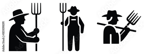 farmer with pitchfork silhouette icon set. agriculture, plant-based lifestyle symbols