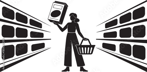 Woman holds cereal box with shopping basket in grocery store aisle on transparent background