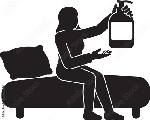 woman applying hand sanitizer on bed icon showing hygiene and personal care