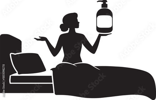 Woman in bed holding bottle, sitting up, with pillow and blanket, dark