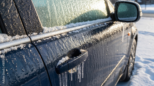 Frozen car covered with ice and snow on a winter morning  