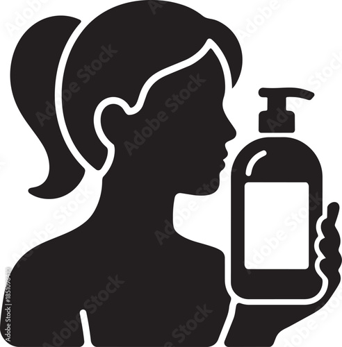 Woman silhouette with ponytail holding pump bottle of cosmetic or sanitizer product