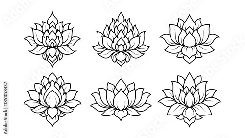 Thai Flower Motif Collection with Traditional Lotus Floral Line Art for Sacred Design, Tattoo Idea, Cultural Ornament, Poster Template, Branding Asset, Editable High Resolution Commercial Use