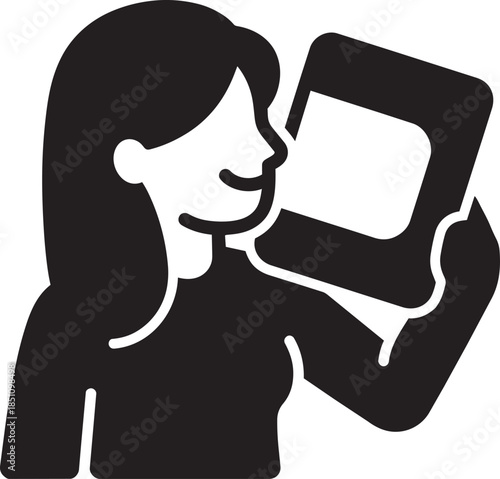 Woman taking selfie with smartphone, close up profile, black silhouette on checkered background
