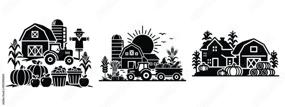 Obraz premium harvest festival farm silhouette icon set. agriculture, plant-based lifestyle symbols