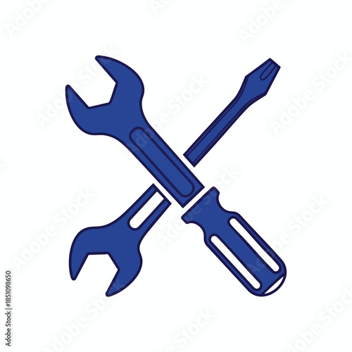A blue wrench and screwdriver crossed against a white background, tools icon